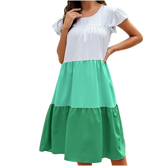 Babysbule Women's Dress 2024 Summer Womens Fashion Casual Short Sleeve Colorblock Summer Round Neck Beach Dress