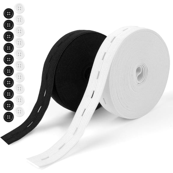 2 Rolls 20mm Sewing Elastic Band with Buttonholes, Flat Waistband Tightener with Buttons for Pants, Black & White Stretch Cord for DIY Sewing & Craft Projects