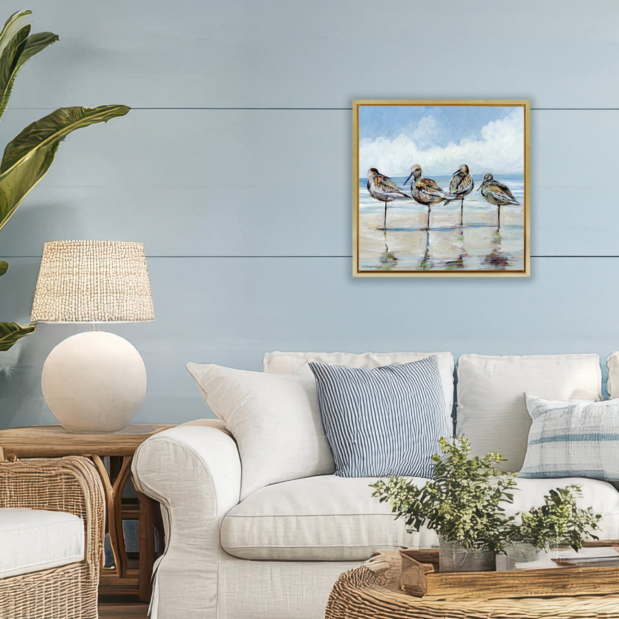 Stupell Industries Sandpipers Balancing On Beach Gold Framed Floater Canvas Wall Art, design by Susan Winget