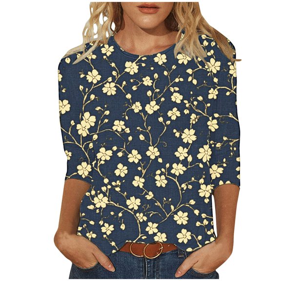 Hvyesh Womens Tunic Tops 3/4 Sleeve Plus Size Shirt Dressy Casual Floral Print Tshirt Loose Fit Crewneck Blouses Tee