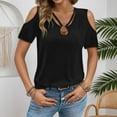 thumbnail image 2 of XIAONU Womens Blouses Cross Front V Neck Off Shoulder Short Sleeve Shirt Solid Color baggy Trendy Pullover Shirt, 2 of 6