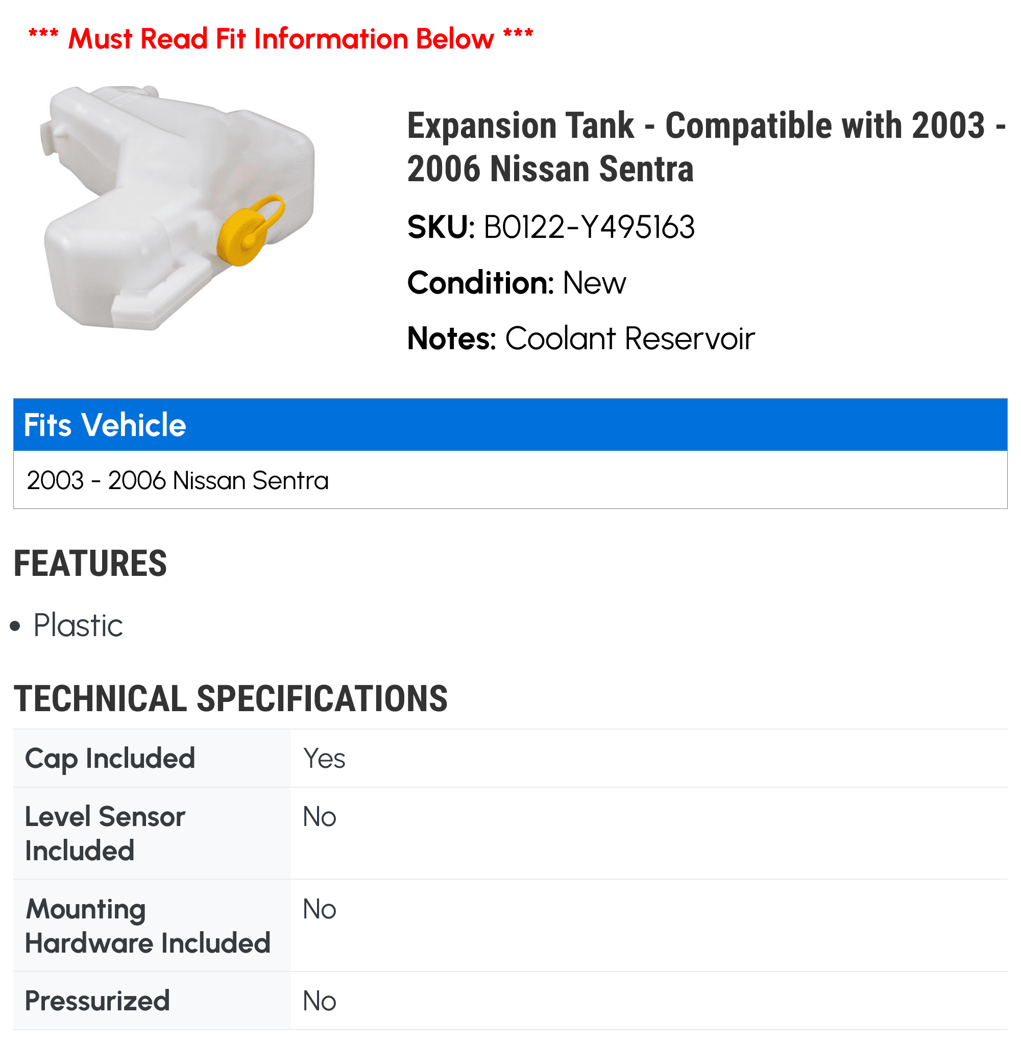 Expansion Tank - Compatible with 2003 - 2006 Nissan Sentra 2004 2005