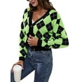 thumbnail image 2 of Women'S Knit Cardigan Sweaters Long Sleeve Argyle Open Front Button Down V Neck Cropped Coats Casual Trendy Tops Green Black S, 2 of 10