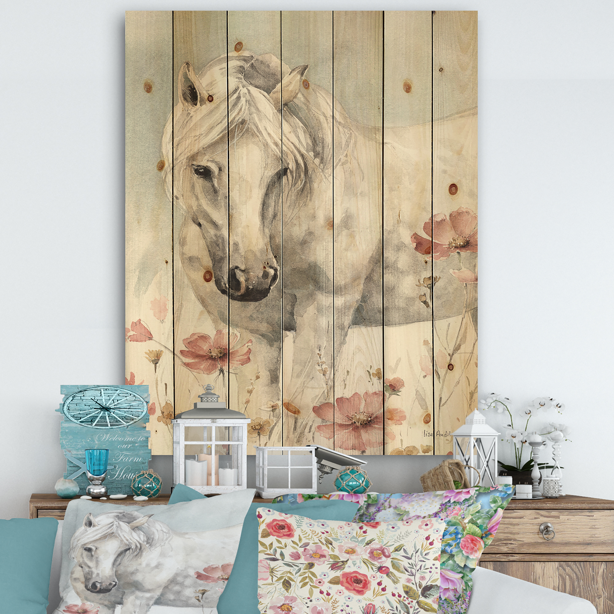 Designart 'watercolors Pink Wild Horses I' Farmhouse Print on Natural Pine Wood