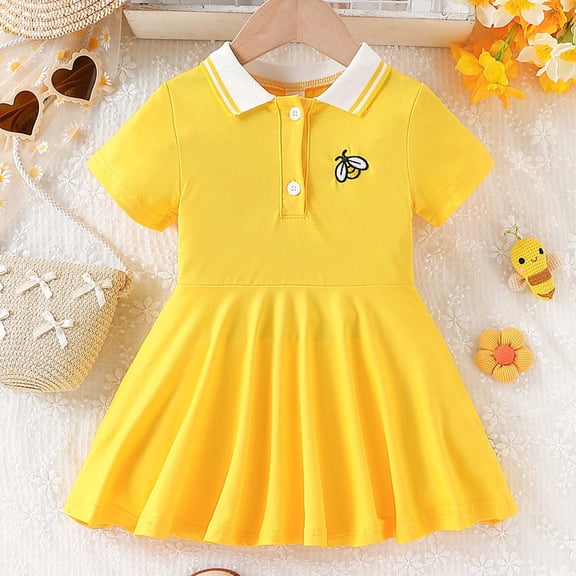 CUZIBR Girls Toddler Summer Shirts Dress Solid Color A-Line Casual Short Sleeve Polo Neck Striped School Uniform Dress Comfortable Loose Fit Breathable Dailywear,Yellow,5-6 Years