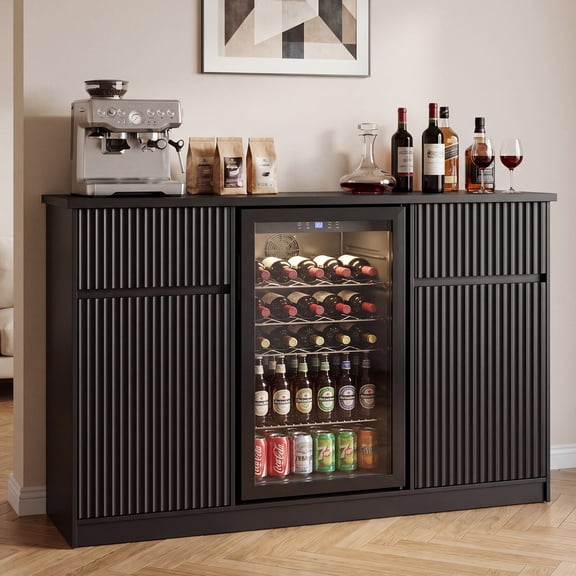 LAUSAINT HOME Coffee Bar Cabinet with Mini Fridge Space and Wine Storage, Buffet Sideboard for Kitchen and Dining Room,55.1"W  Black