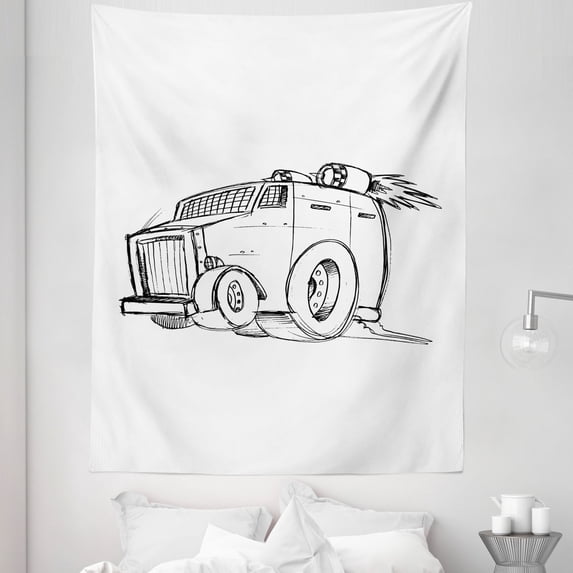 Trucks Tapestry, Hand Drawn Look Sketchy Armored Big Vehicle with Boots Rockets Print, Fabric Wall Hanging Decor for Bedroom Living Room Dorm, 5 Sizes, Charcoal Grey and White, by Ambesonne