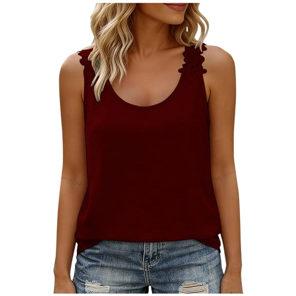 UDAUDU Women Linen Tank Tops Linen Sleeveless Basic Crew Neck Summer Lace Camisole Vintage Boho Spaghetti Strap Blouses Wine M