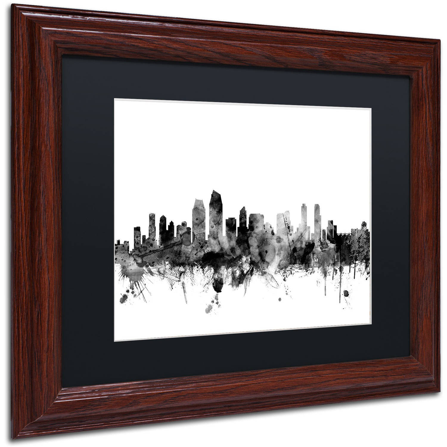 Trademark Fine Art "San Diego CA Skyline B&W" Canvas Art by Michael Tompsett, Black Matte, Wood Frame