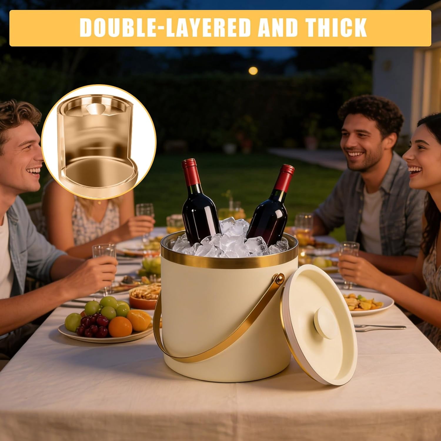 YUSAZENS 3L White Stainless Steel Ice Bucket with Lid, 3-Layer Vacuum Insulated Beverage Cooler, 7.5x7.1in Mirror Finish Ice Tub with Ice Spoon & Drainage for Party Picnic Bar
