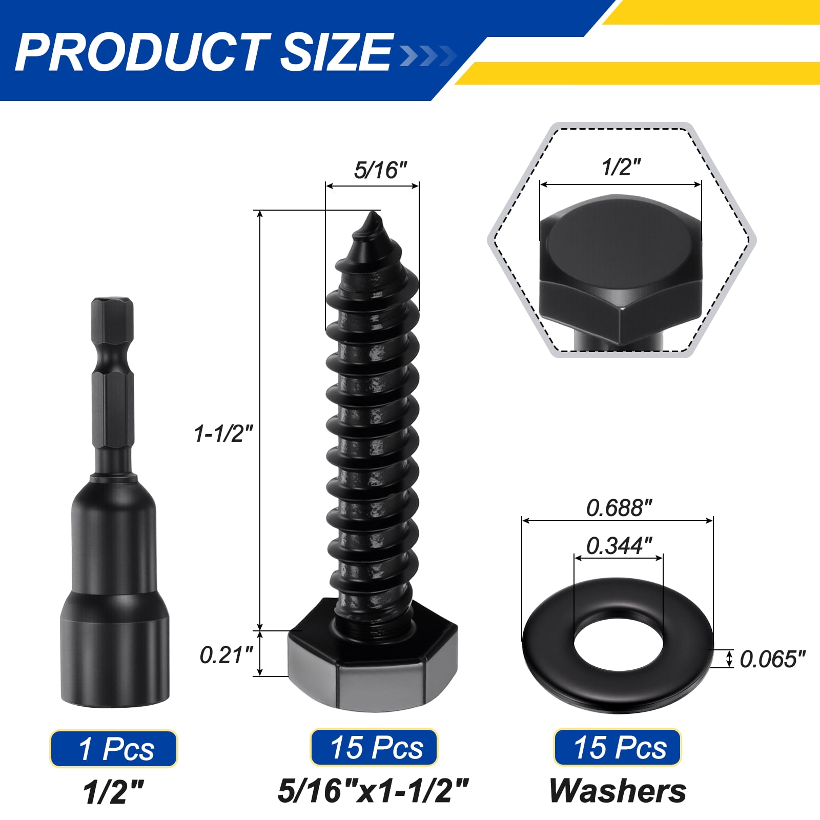 Uxcell 15Set Hex Head Lag Screw - 5/16"x1-1/2" Stainless Steel 18-8 (304) Lag Bolt Hexagon Head Heavy Duty Wood Screw Kit with Washer & Driver Bit for Wood, Deck, Fence, Furniture, Black
