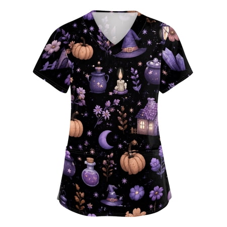 Halloween Scrub Tops Women V Neck Horror Halloween Ghost Pumpkin Printed Funny Scrub Shirts Spooky Short Sleeve Scrubs Medical Nurse Workwear Nursing Uniform with Pockets,M