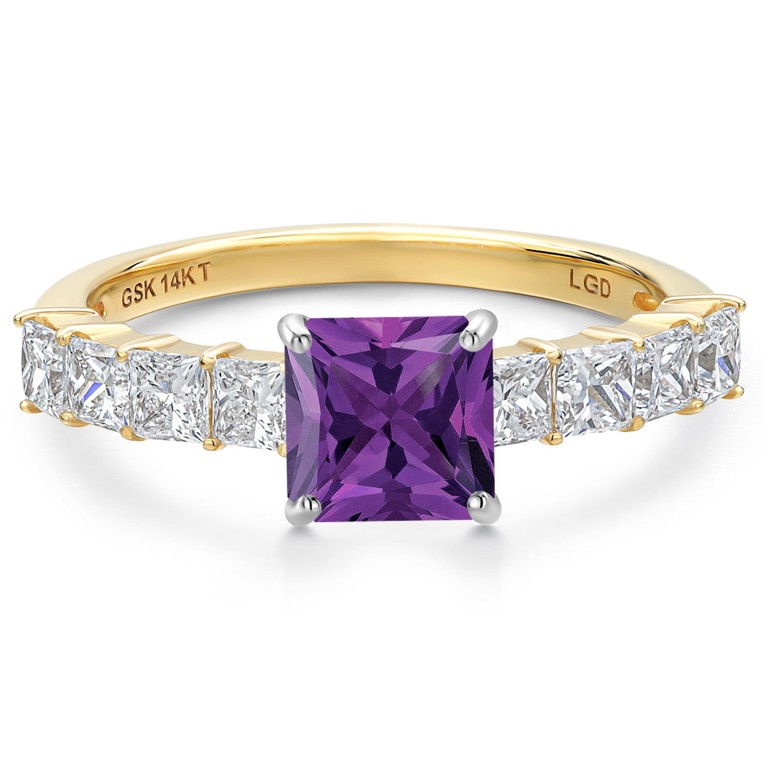 Gem Stone King 14K White And Yellow Gold Purple Amethyst and Lab Grown Diamond Engagement Ring for Women | 1.94 Cttw | Princess 6MM | Gemstone February Birthstone | Size 9