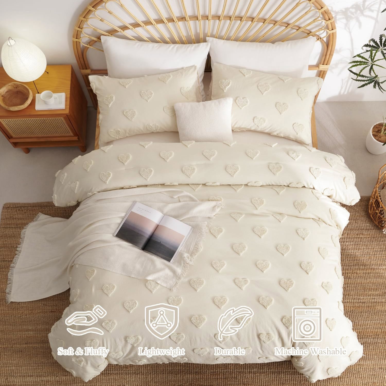 3 Pieces Tufted Heart Dot Beige Queen Comforter Set Boho Ultra Soft Jacquard Lightweight Comforter Shabby Chic Washed Microfiber Bedding Set