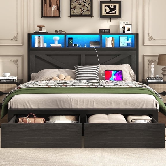 Fastroby Full Bed Frame with Storage Headboard & Drawers, Farmhouse Style, No Box Spring Needed, Black