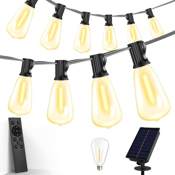 Guirnaldas de Luces LED Solares para Exterior, 15 Metros 15+1 Focos LED ST38 Serie de Luz, Resistente al agua, 8 Modos de lluminación, Cadena de Luces Decorativas para Jardin Patio Boda Cua