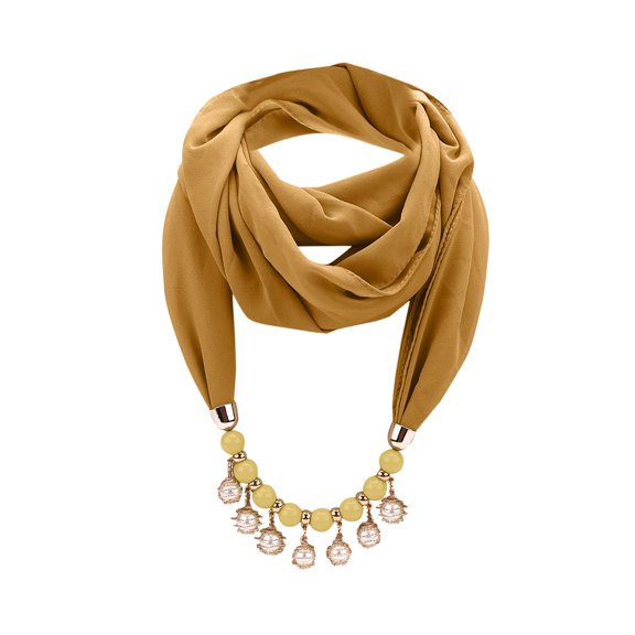 Women Solid Chiffon Necklace Scarf, Elegant Pearl Crystal Beaded Pendant Decor Lightweight No-Tie Jewelry Neck Wrap Fashion Accessory for Daily Outfits
