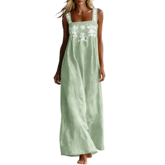 Guluxicc Women's Boho Embroidered Jumpsuit Wide Strap Sleeveless Wide Leg Long Jumpsuit with Pockets for Summer Vacation