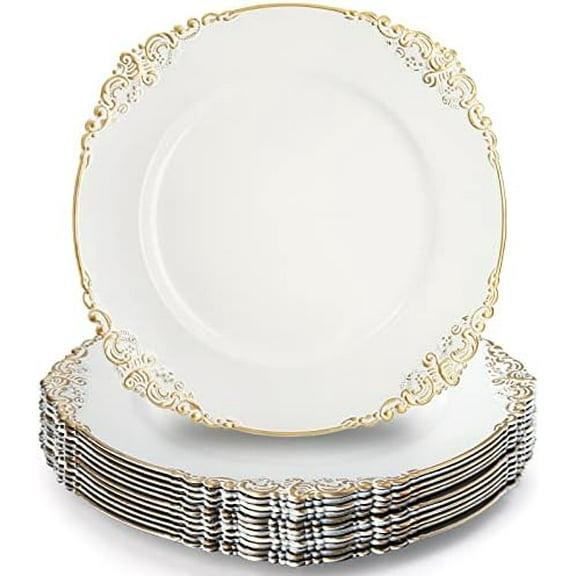12 Pack Plastic Round Charger Plates, 13" Dinner Charger Dessert Plates with Gold Rim, Vintage Charger Serving Plates for Catering, Wedding, Tabletop Decor, White, Floral Trim