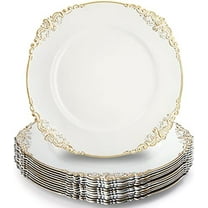 12 Pack Plastic Round Charger Plates, 13" Dinner Charger Dessert Plates with Gold Rim, Vintage Charger Serving Plates for Catering, Wedding, Tabletop Decor, White, Floral Trim
