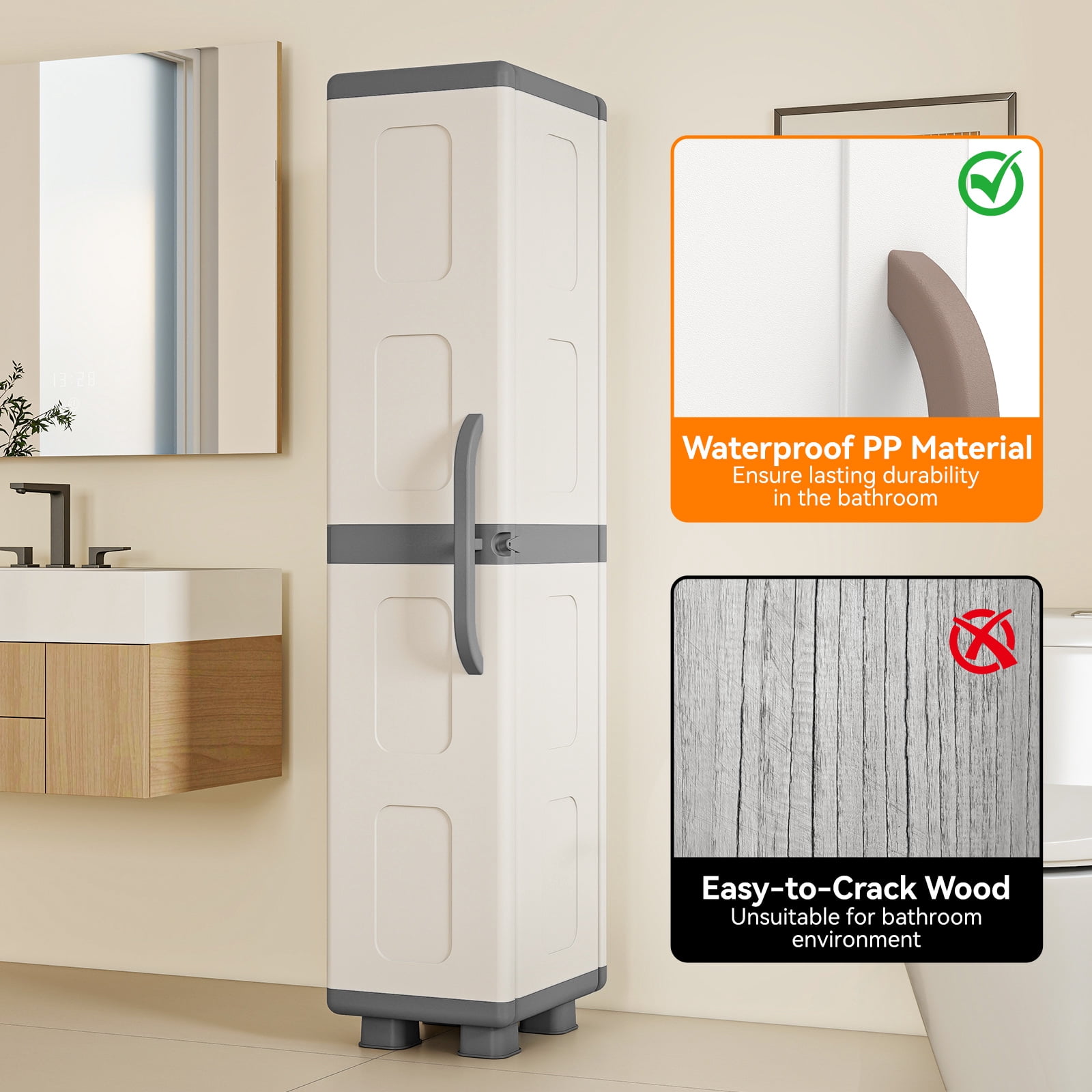 Costway Slim Storage Cabinet with Single Door, Plastic Kitchen Pantry with 4 Shelves Gray and White