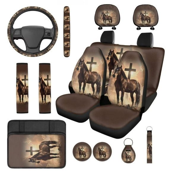 Yuyamidu Horse Car Seat Cover Set of 14 Cross Steering Wheel Cover Seat Belt Covers Brown Center Console Pad Headrest Covers Keychain Coasters for Truck Van SUV Sedan