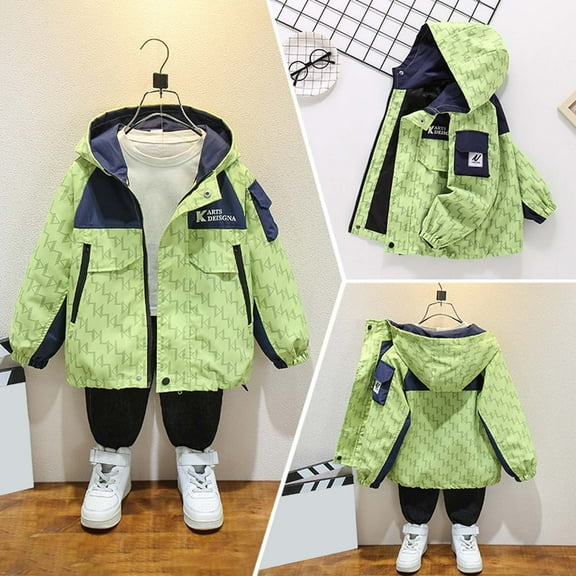 Tfken Coat For Teen Girls Boys Daily Wear Hooded Wave Print Raincoat Fashion Green Jacket Size 6-7 Years