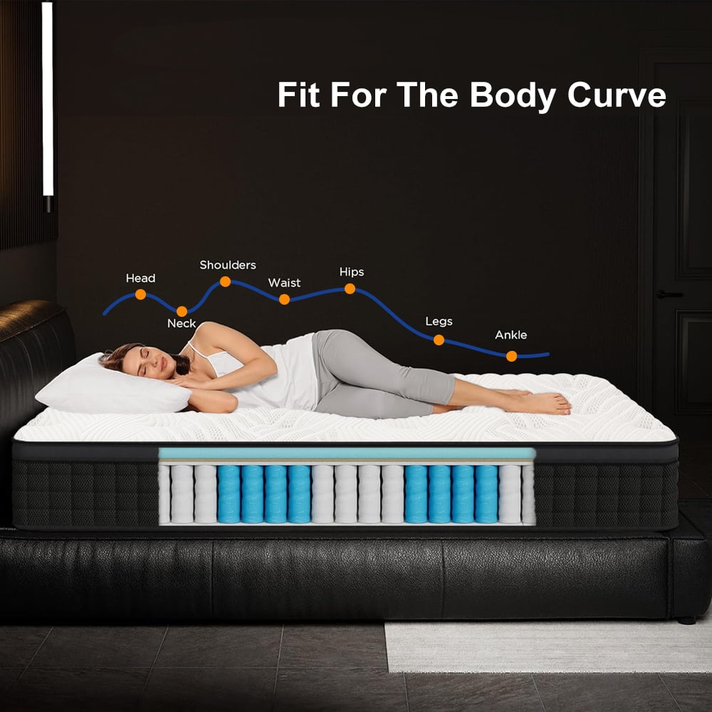 CTQC 12 King Mattress Cooling Gel Memory Foam Hybrid Mattress Medium-Firm Breathable Pressure Relief White Black Rim Mattress CertiPUR-US Certified Mattress with individually Pocket Springs