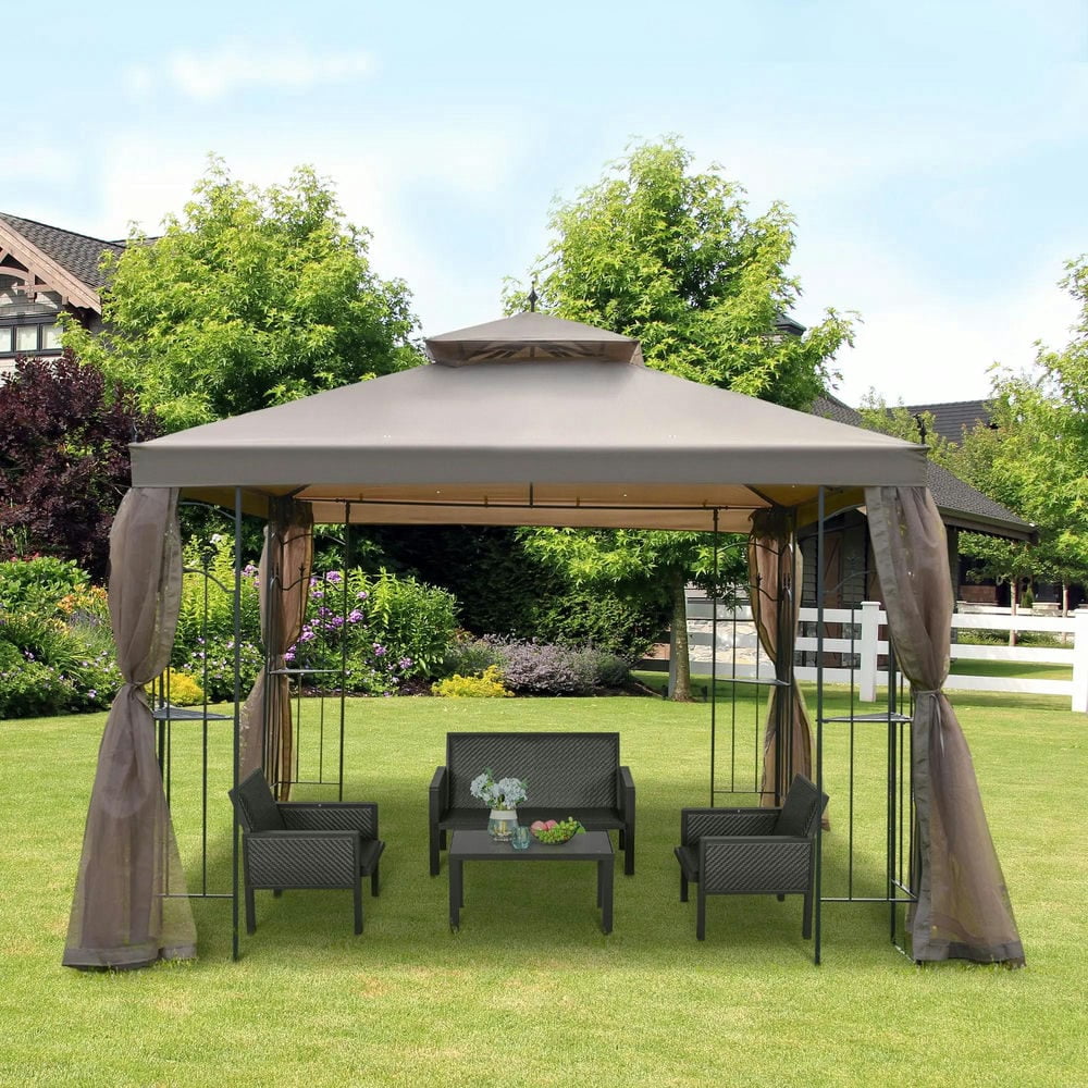 Resenkos Outdoor Garden Gazebo, Sunshade Gazebo Canopy,10' x 10' Double Roof Outdoor Gazebo Canopy Shelter with Netting, Cream White