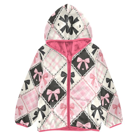 BZSMCE Double-Sided Sherpa Fleece Hooded Zipper Jacket Pink Bow Diagonal Checkered Pattern Print Warm Outerwear