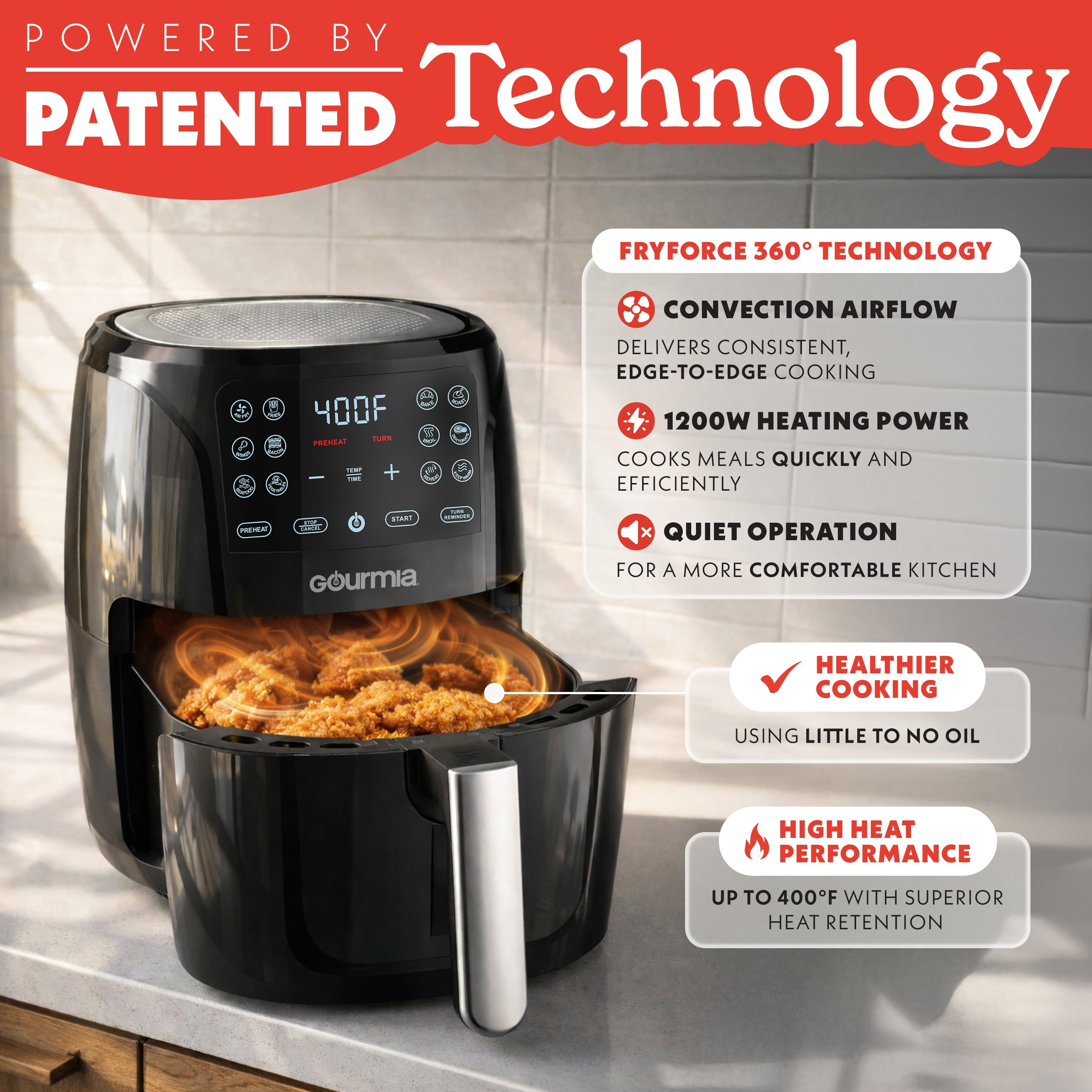 Gourmia Air Fryer - 6 Quart Capacity, 12 Presets, Black