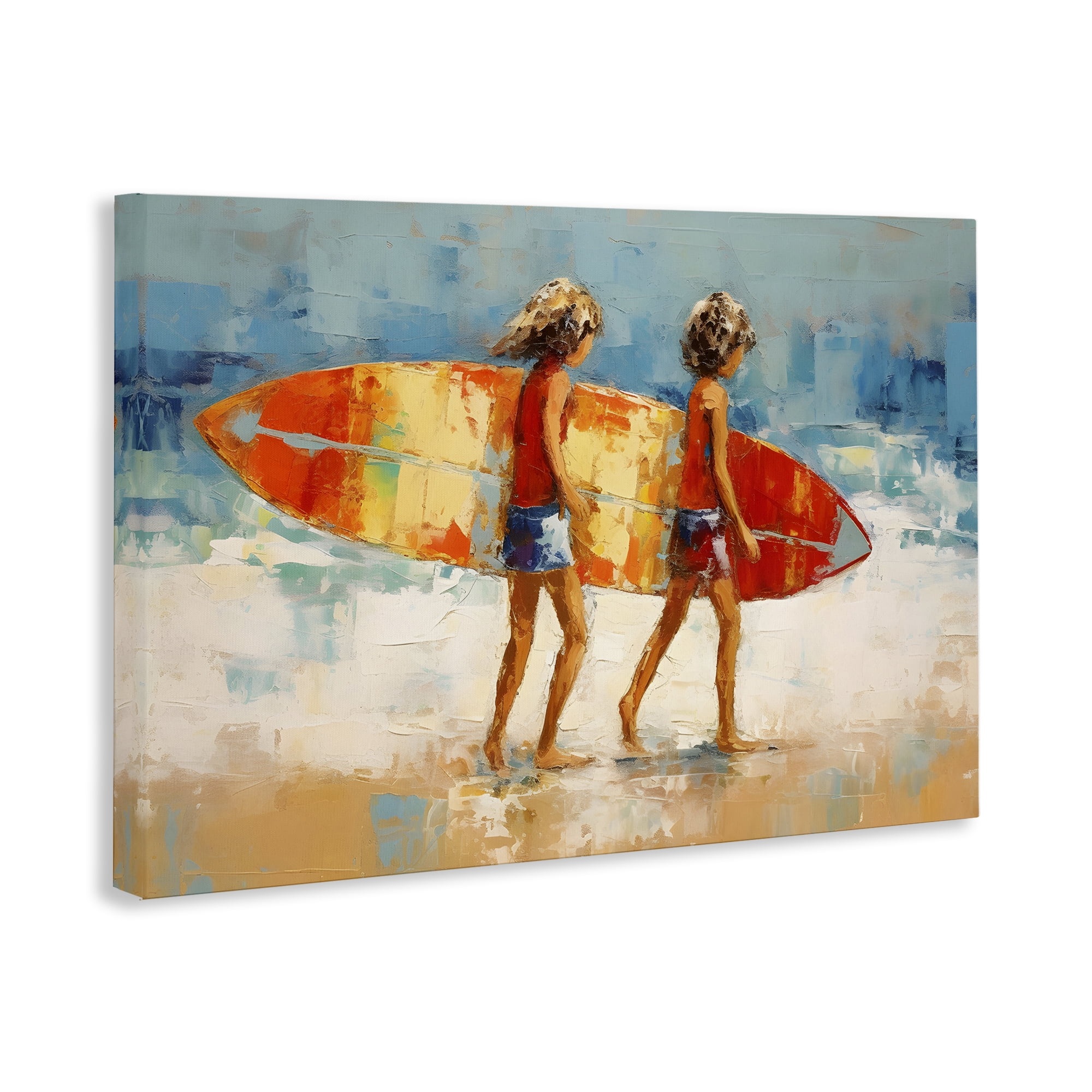 Stupell Industries Kids Holding Surfboard People Painting Wrapped Canvas Art Print Wall Art, 24 x 16