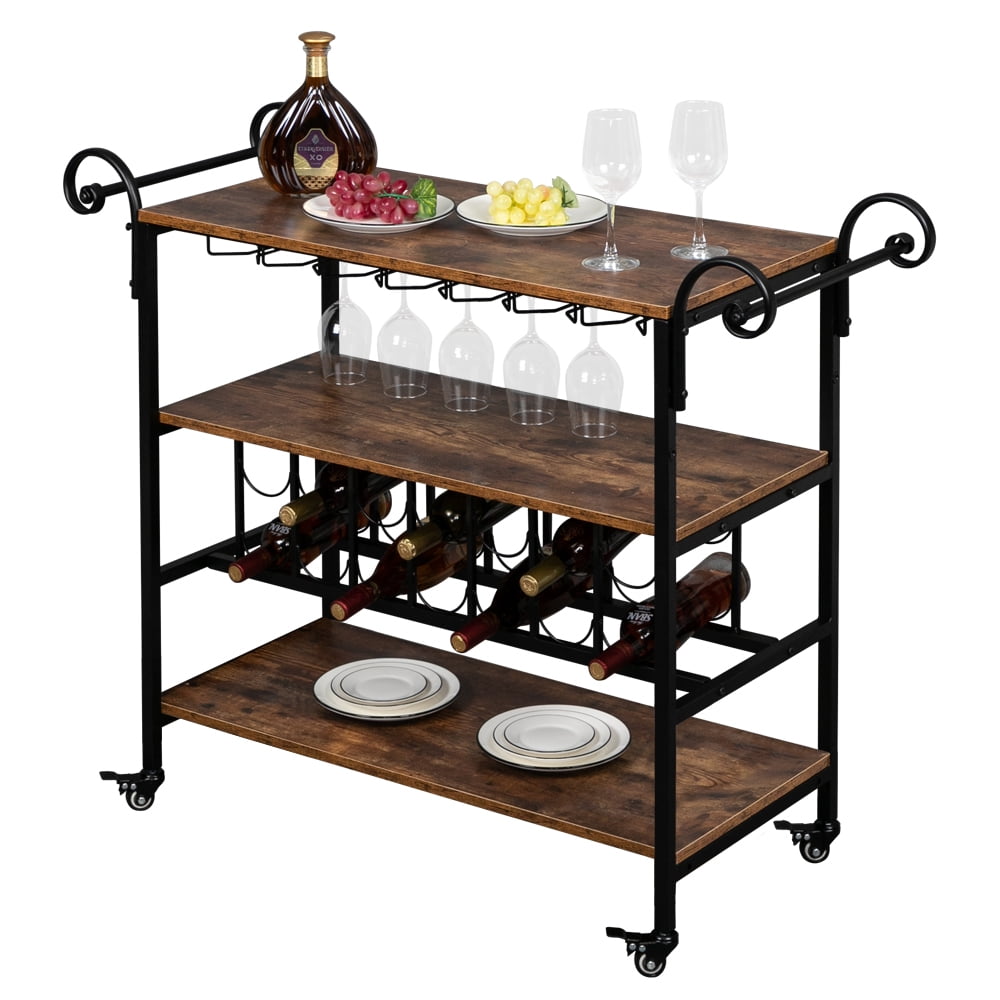 Kepooman Three-Layer Double-Armrest Small Wave Wine Bottle Layer 1.5mm Thick Density Board Fire Pattern Removable Iron Wood Craft Wine Cart Kepooman Three-Layer Double-Armrest Small Wave Wine Bottle Layer 1.5mm Thick Density Board Fire Pattern Removable Iron Wood Craft Wine Cart
