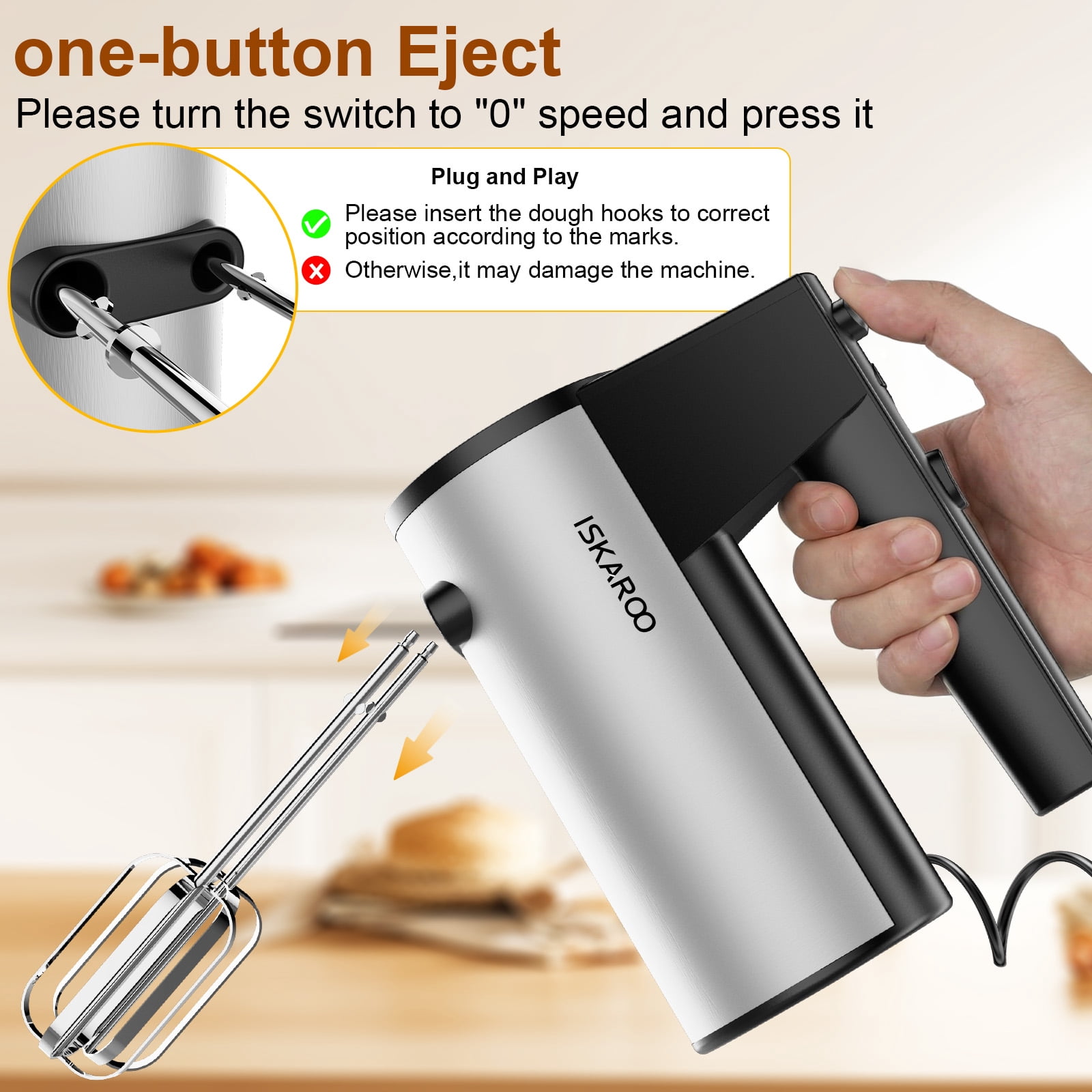 ISKAROO 5 Speed Hand Mixer with Stainless Steel Beaters, Dough Hooks, Cookie Mixer, 5 Speed with Turbo Boost, Food Beater for Kitchen Baking Cakes, Eggs, Cream, Black