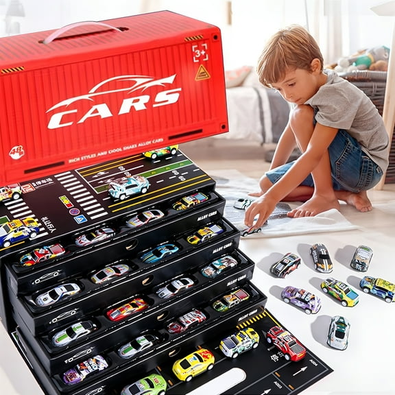 ACDANC 48 Pcs Alloy Racing Car Toys,Pull Back Race Cars Toy Set,Mini Metal Friction Powered Toy Cars,Die Cast Container Storage Box Car Party Favors for Kids Toddlers Boys Girls (Red)