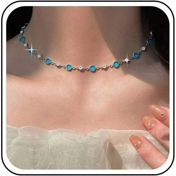 Bohemia Tiny Blue Rhinestone Choker Necklace Cz Crystal Necklace Silver Chain Blue Station Necklace Blue Topaz Necklace Jewelry for Women