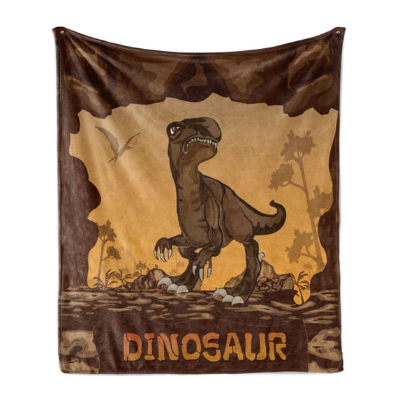Fantasy Soft Flannel Fleece Throw Blanket, Giant Dinosaur on Cliffs Cave Wild Fossil Jurassic Animal Illustration, Cozy Plush for Indoor and Outdoor Use, 50" x 70", Apricot Redwood, by Ambesonne
