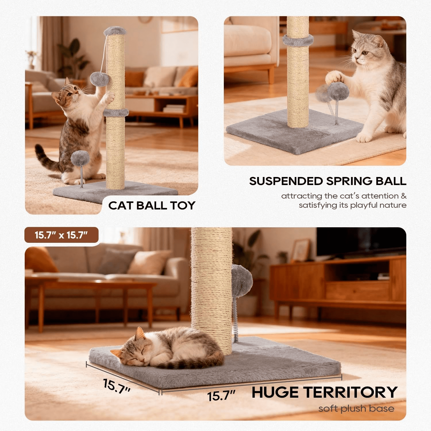BORGEBY 33 Inch Cat Scratching Post, Natural Sisal Rope Cat Scratcher with Hanging Ball Toy for Indoor Cats and Adults ,Light Gray