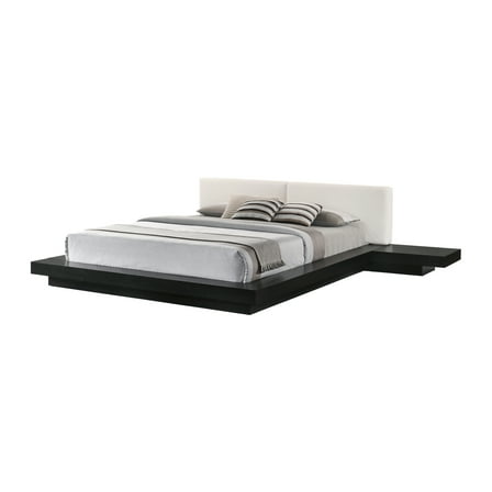Nia King Platform Bed, White Faux Leather Upholstery Black Nightstands