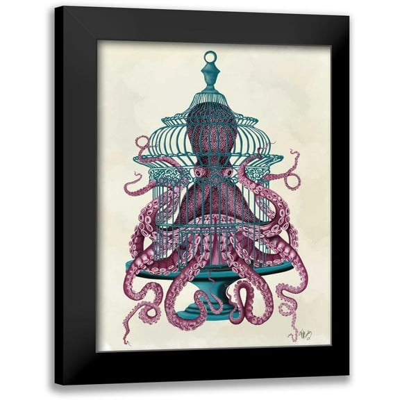 Fab Funky 12x14 Black Modern Framed Museum Art Print Titled - Pink Octopus in Cage