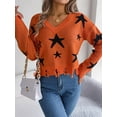 thumbnail image 4 of V Neck Star Pattern Distressed Detail Cropped Sweater for Women Orange Large, 4 of 5