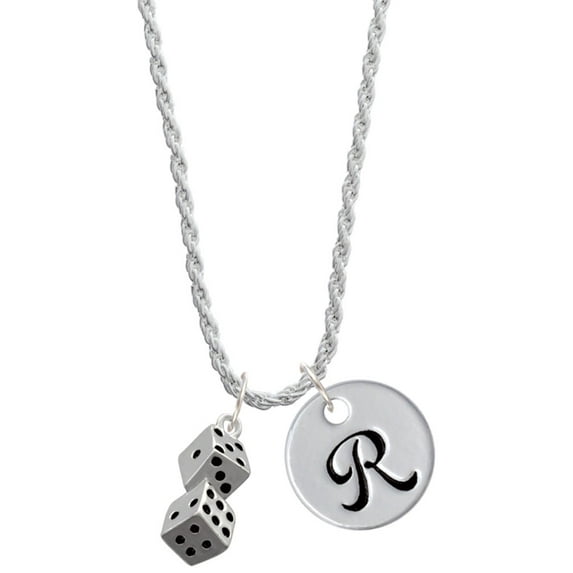 Delight Jewelry Silvertone Pair of Dice Silvertone Script Initial Disc - R - Charm Necklace, 20"+3"
