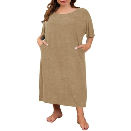 

Langwyqu Solid Color Women Plus Size Loose Sleeping Dress With Pocket
