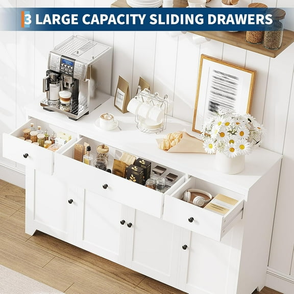 Garvee Sideboard Buffet Cabinet with Storage Minimalist Kitchen Storage Cabinet with 3 Drawers and 4 Doors Buffet Console Table Coffee Bar with Adjustable Shelf for Dining Living Room White 55 Inch