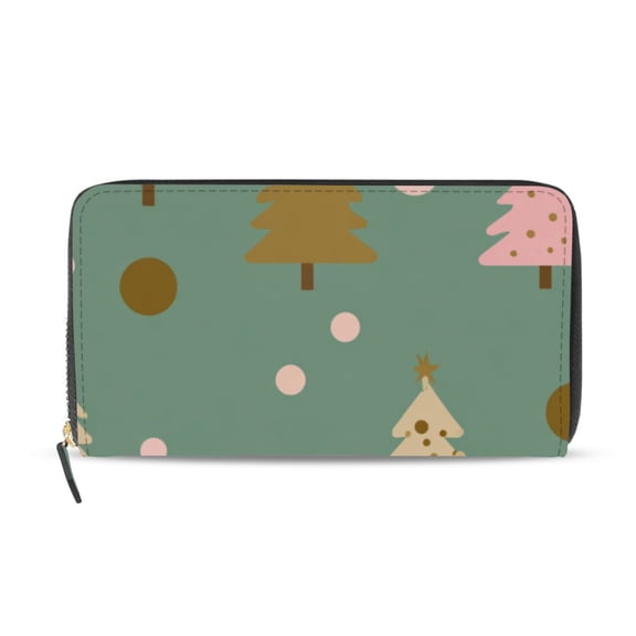 Cute Christmas Trees with Dots Women's Long Zipper Wallet Bifold Clutch Purse PU Leather Card Cases