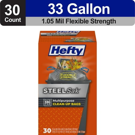 Hefty Steelsak Heavy Duty Large Trash Bags, Gray, Unscented, 33 gallon, 30 Count