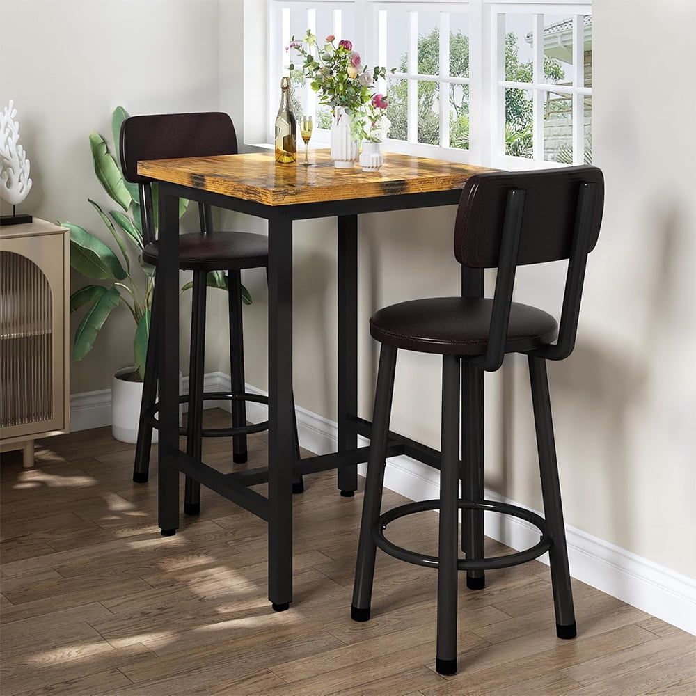 3 Piece Pub Dining Set, 24" Dining Table Set with 2 PU Leather Upholstered Stools, Square Small Space Kitchen Table Pub Set for Apartment Dining Room, Living Room (Rustic Brown)