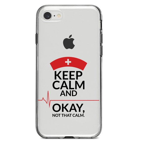 DistinctInk Clear Shockproof Hybrid Case for iPhone 7 8 SE (2020 Model) 4.7" Screen TPU Bumper Acrylic Back Tempered Glass Screen Protector - Keep Calm, Not That Calm - Nurse Flatline