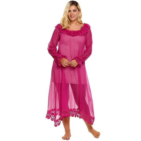 Plus Size Women R uffles Long Sleeve Lace Loose Maxi Nightgown HFON