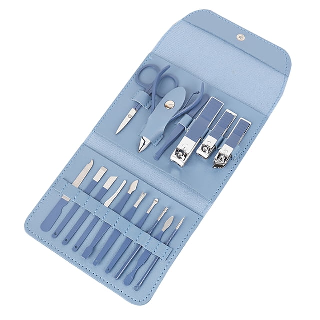 Juego de manicura de acero al carbono de 16 piezas, cortaúñas profesional, tijeras para cejas, alicates para cutículas y pedicura, color azul.
